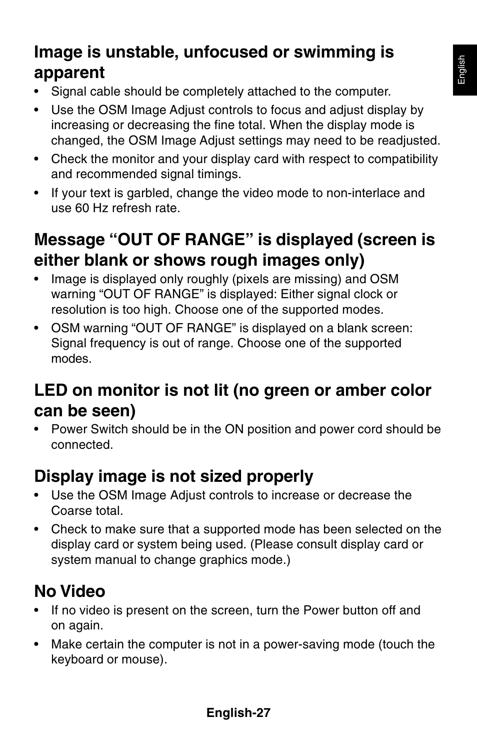 Display image is not sized properly, No video | NEC 1850X User Manual | Page 28 / 34