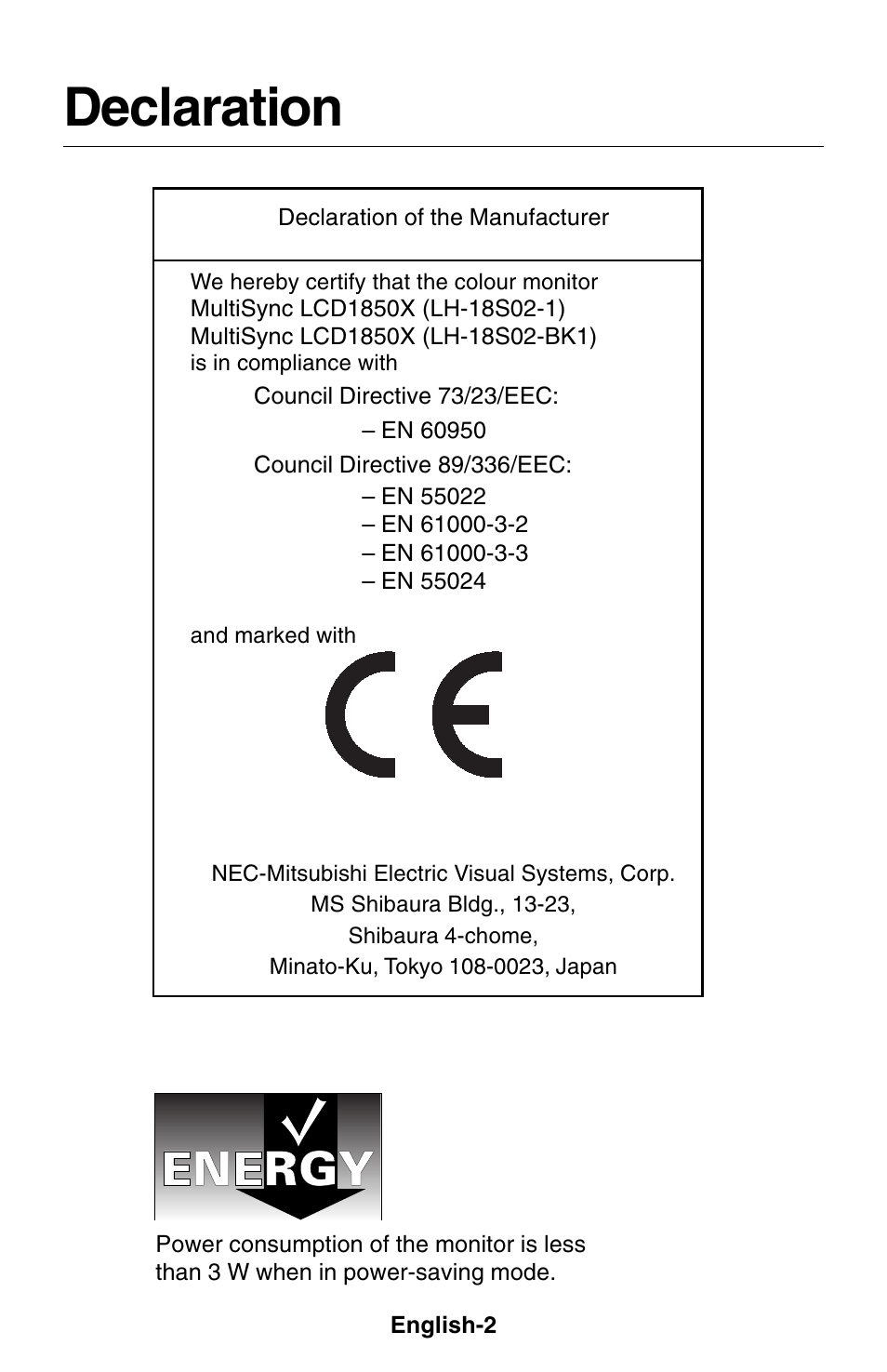 Declaration | NEC 1850X User Manual | Page 3 / 34