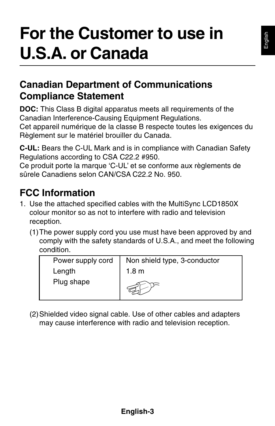 For the customer to use in u.s.a. or canada, Fcc information | NEC 1850X User Manual | Page 4 / 34