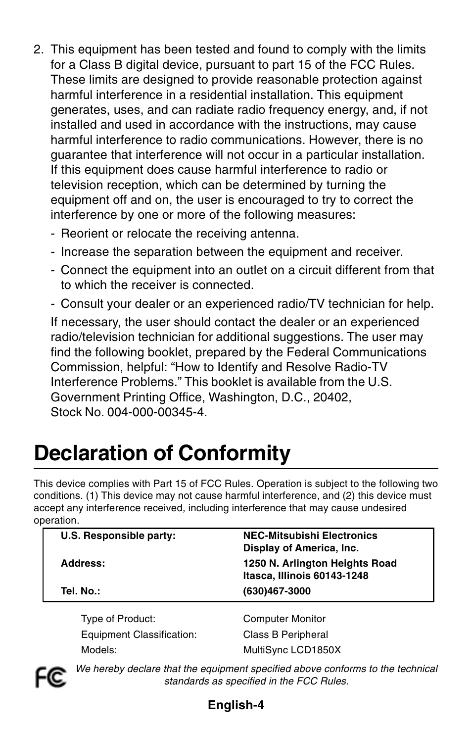 Declaration of conformity | NEC 1850X User Manual | Page 5 / 34