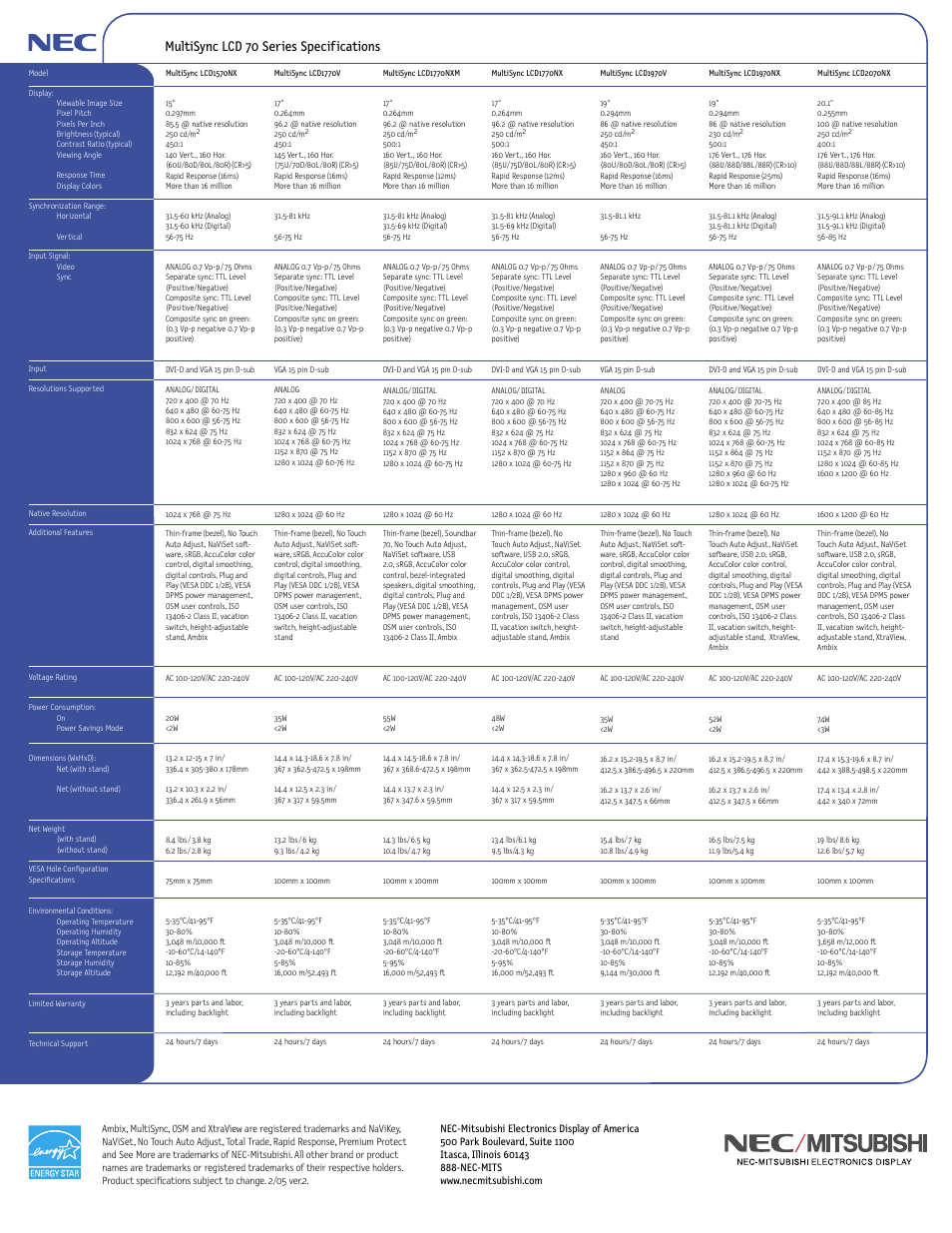 Multisync lcd 70 series specifications | NEC LCD 70 Series User Manual | Page 4 / 4