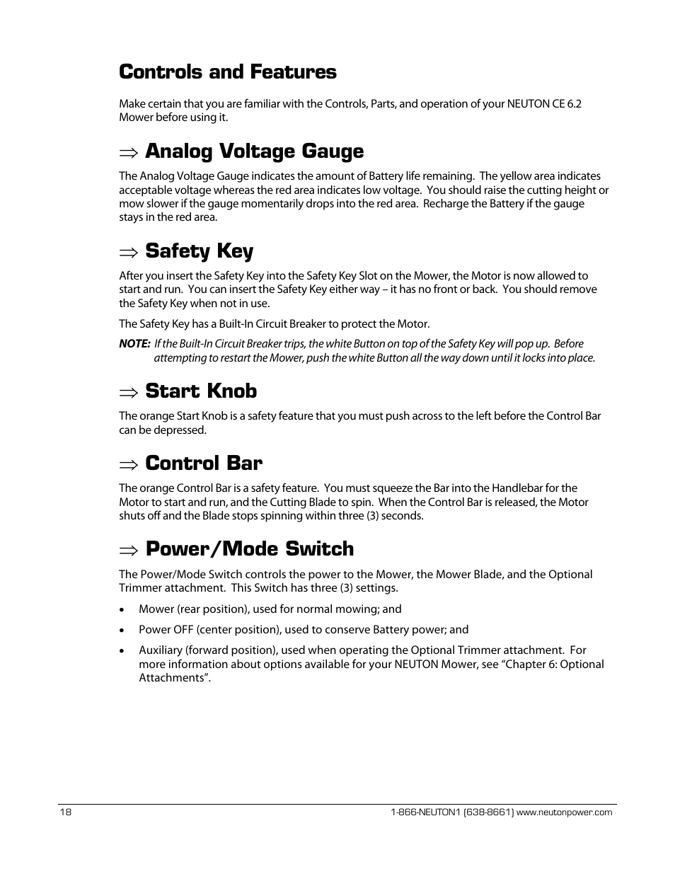 Controls and features, Analog voltage gauge, Safety key | Start knob, Control bar, Power/mode switch | Neuton CE 6.2 User Manual | Page 22 / 66