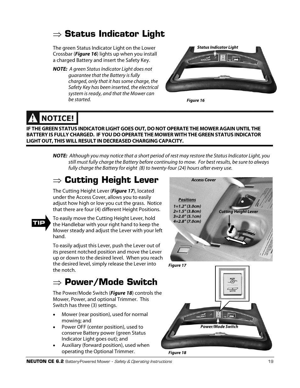 Status indicator light, Cutting height lever, Power/mode switch | Neuton CE 6.2 User Manual | Page 23 / 66