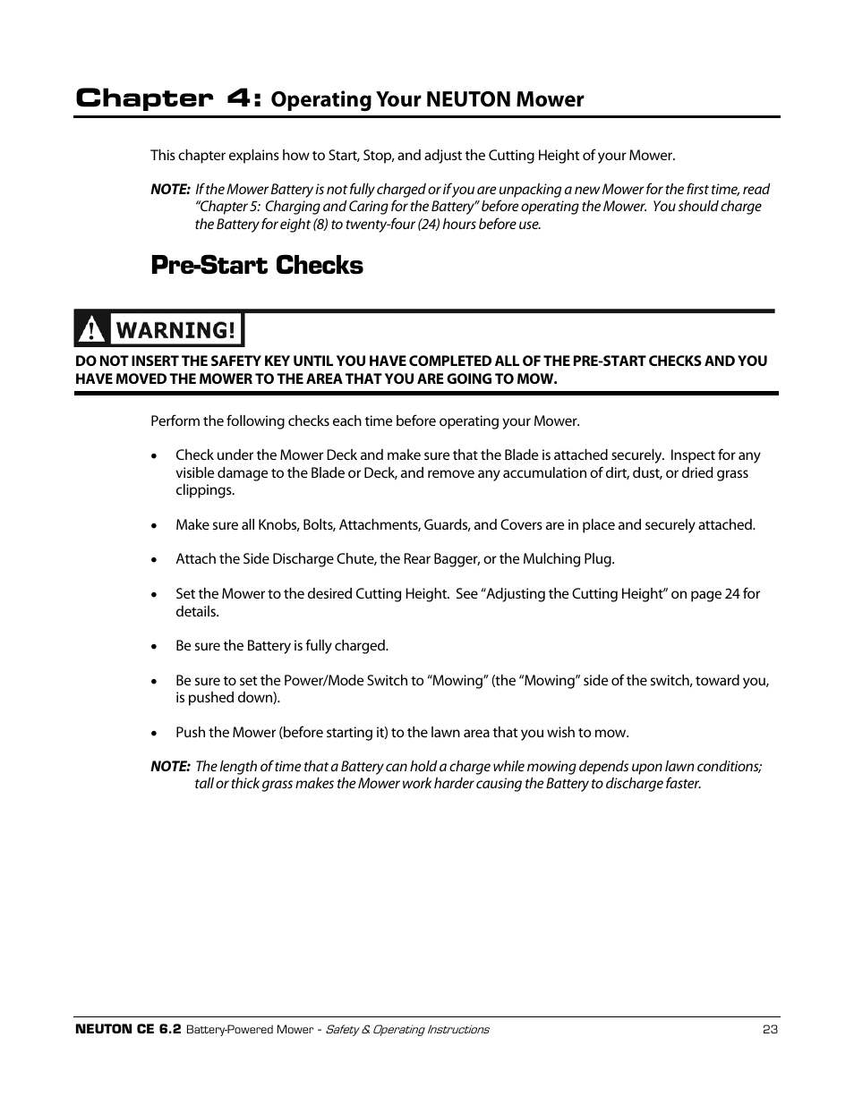 Chapter 4, Pre-start checks, Operating your neuton mower | Neuton CE 6.2 User Manual | Page 27 / 66