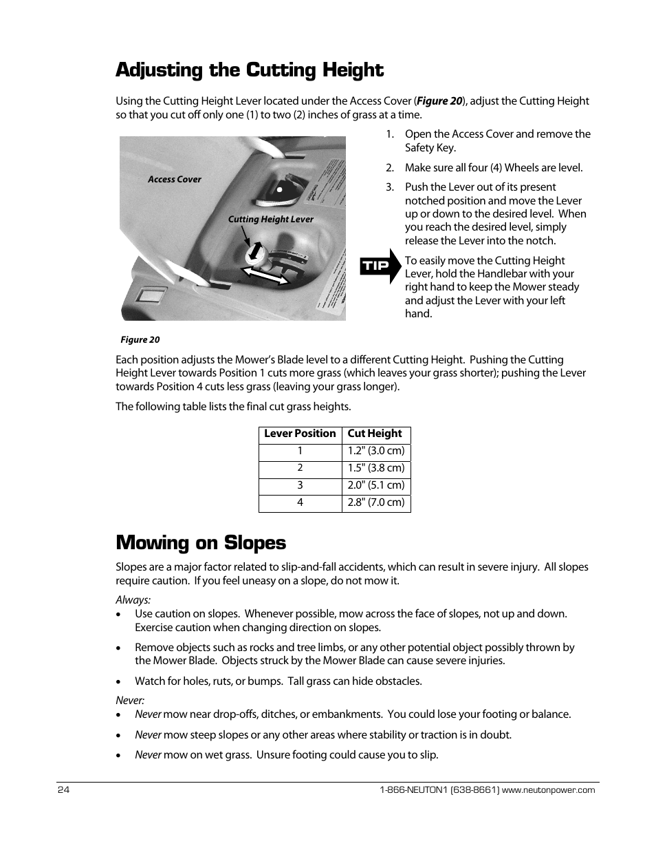 Adjusting the cutting height, Mowing on slopes | Neuton CE 6.2 User Manual | Page 28 / 66