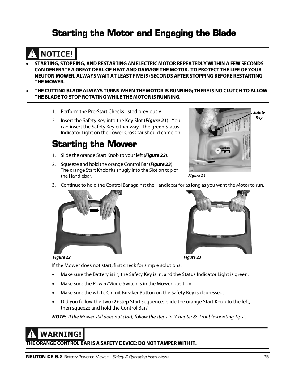 Starting the motor and engaging the blade, Starting the mower | Neuton CE 6.2 User Manual | Page 29 / 66
