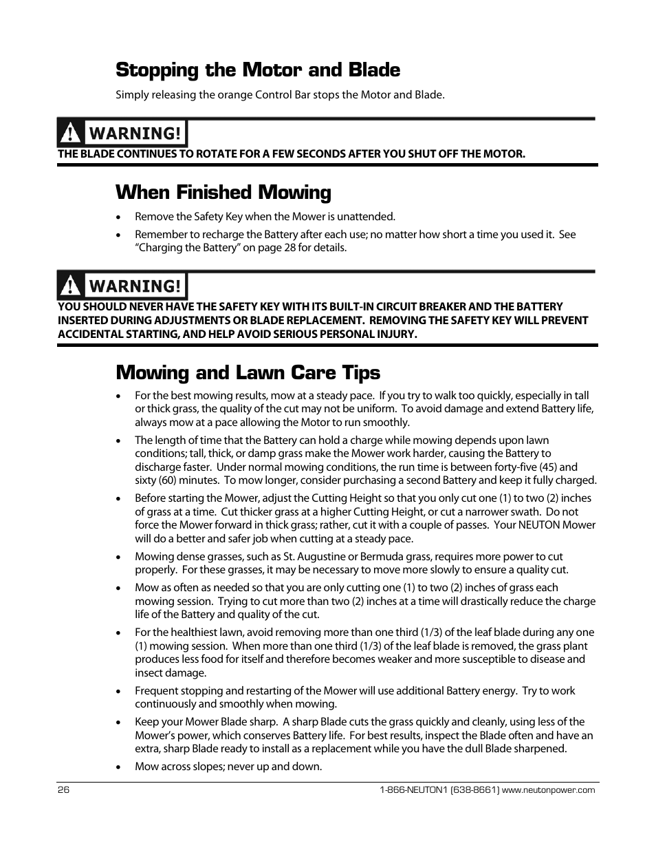 Stopping the motor and blade, When finished mowing, Mowing and lawn care tips | Neuton CE 6.2 User Manual | Page 30 / 66