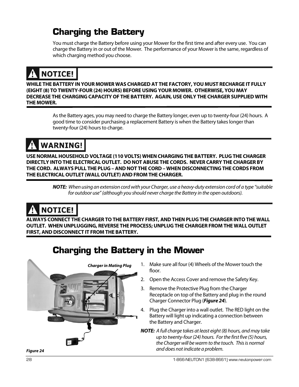 Charging the battery, Charging the battery in the mower | Neuton CE 6.2 User Manual | Page 32 / 66