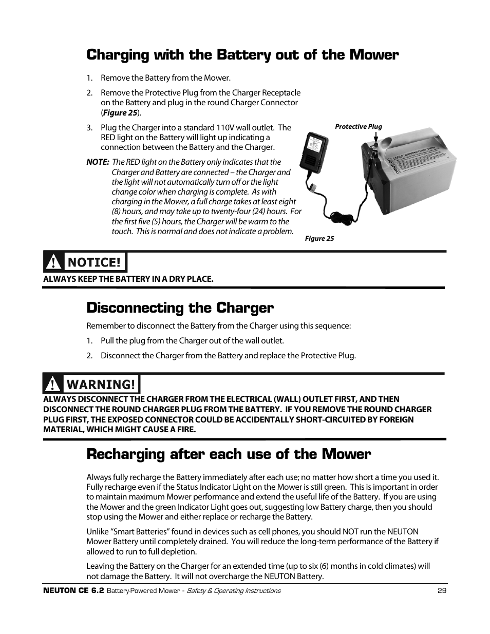 Charging with the battery out of the mower, Disconnecting the charger, Recharging after each use of the mower | Neuton CE 6.2 User Manual | Page 33 / 66