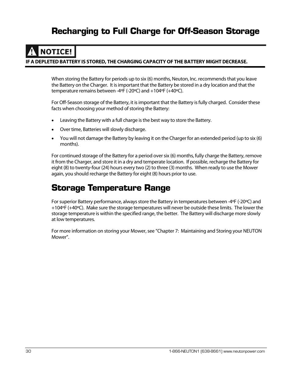 Recharging to full charge for off-season storage, Storage temperature range | Neuton CE 6.2 User Manual | Page 34 / 66