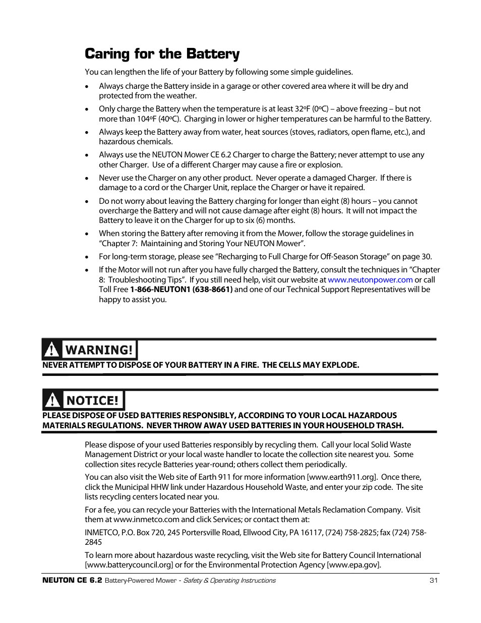 Caring for the battery, Recycling your used battery | Neuton CE 6.2 User Manual | Page 35 / 66