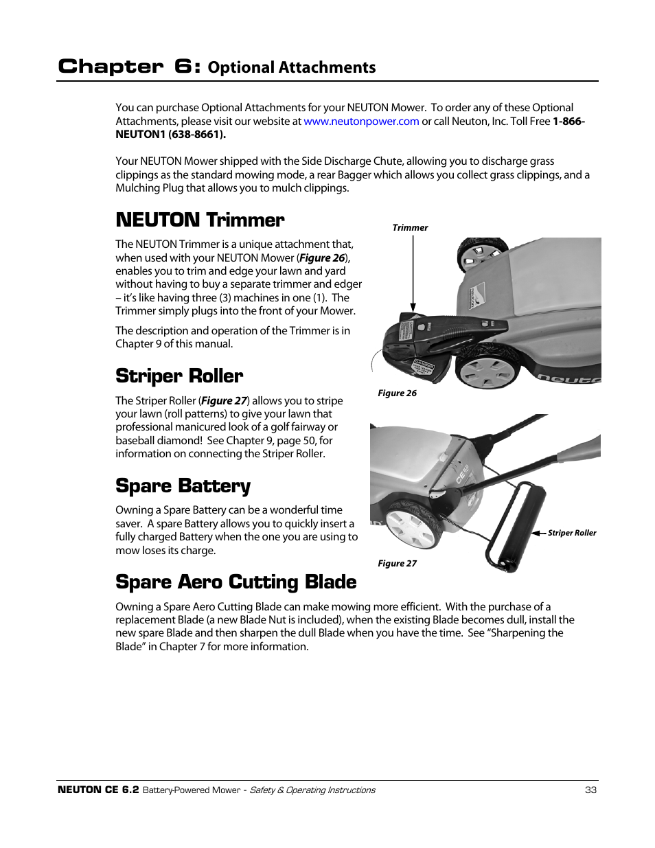 Chapter 6, Neuton trimmer, Striper roller | Spare battery, Spare aero cutting blade, Optional attachments | Neuton CE 6.2 User Manual | Page 37 / 66