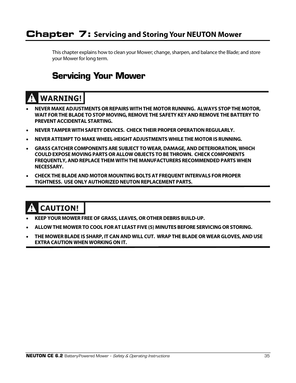Chapter 7, Servicing your mower, Servicing and storing your neuton mower | Neuton CE 6.2 User Manual | Page 39 / 66