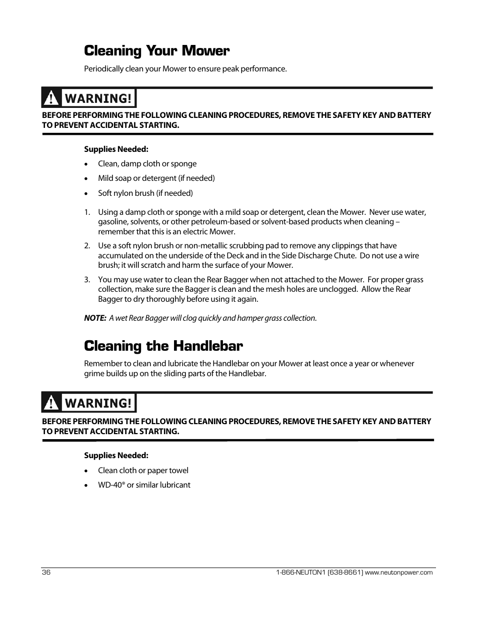 Cleaning your mower, Cleaning the handlebar | Neuton CE 6.2 User Manual | Page 40 / 66