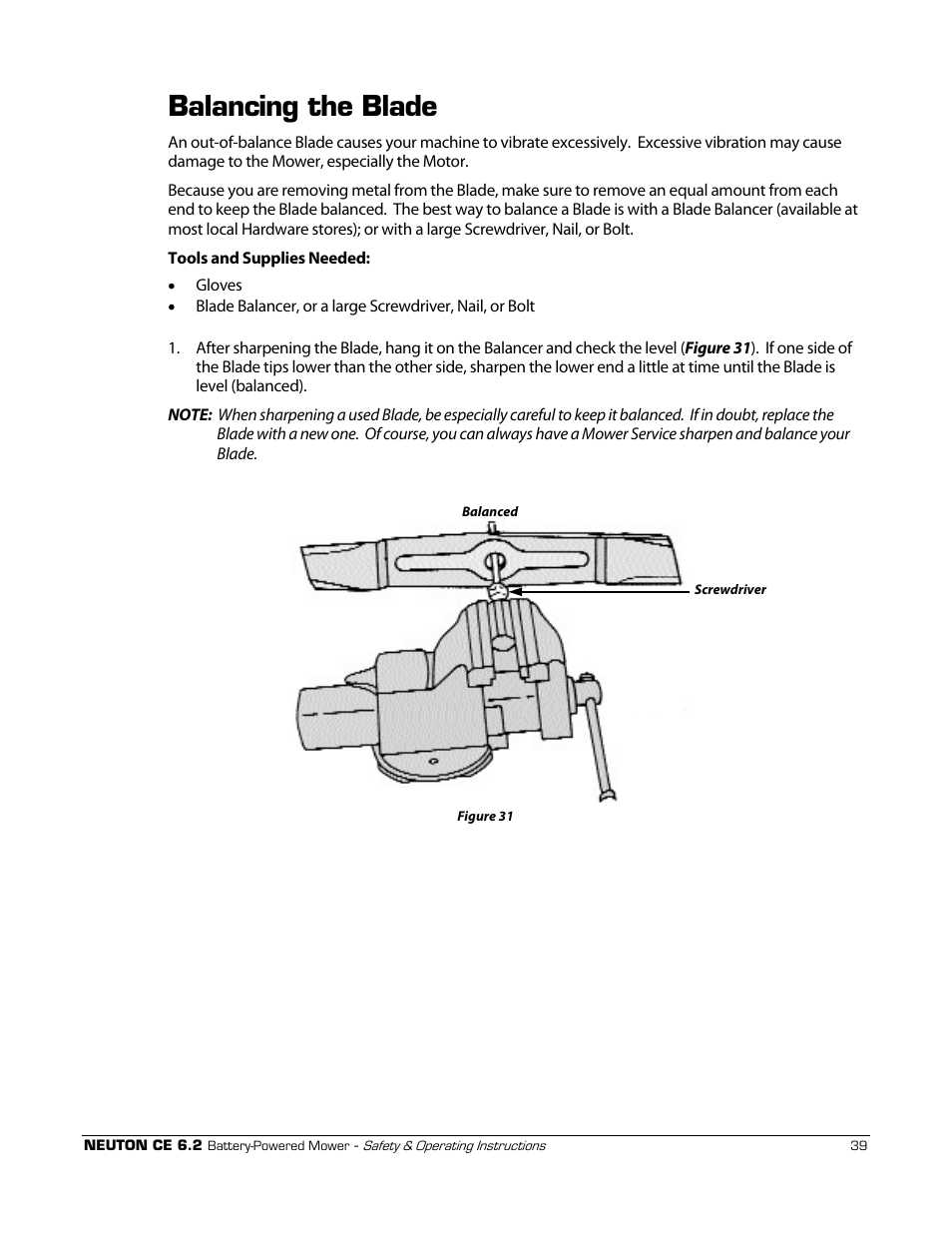 Balancing the blade | Neuton CE 6.2 User Manual | Page 43 / 66