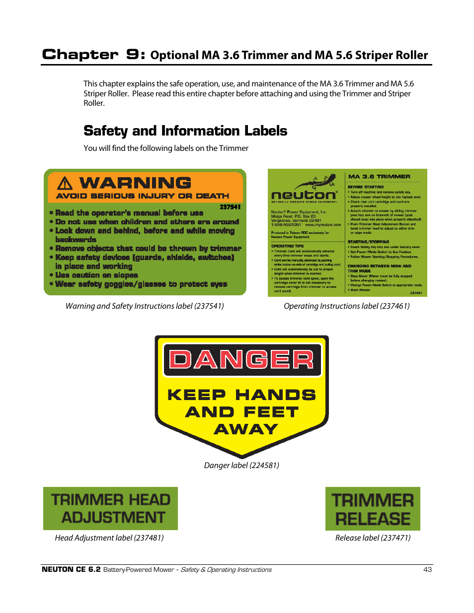 Chapter 9, Safety and information labels, Optional ma 3.6 trimmer and ma 5.6 striper roller | Neuton CE 6.2 User Manual | Page 47 / 66