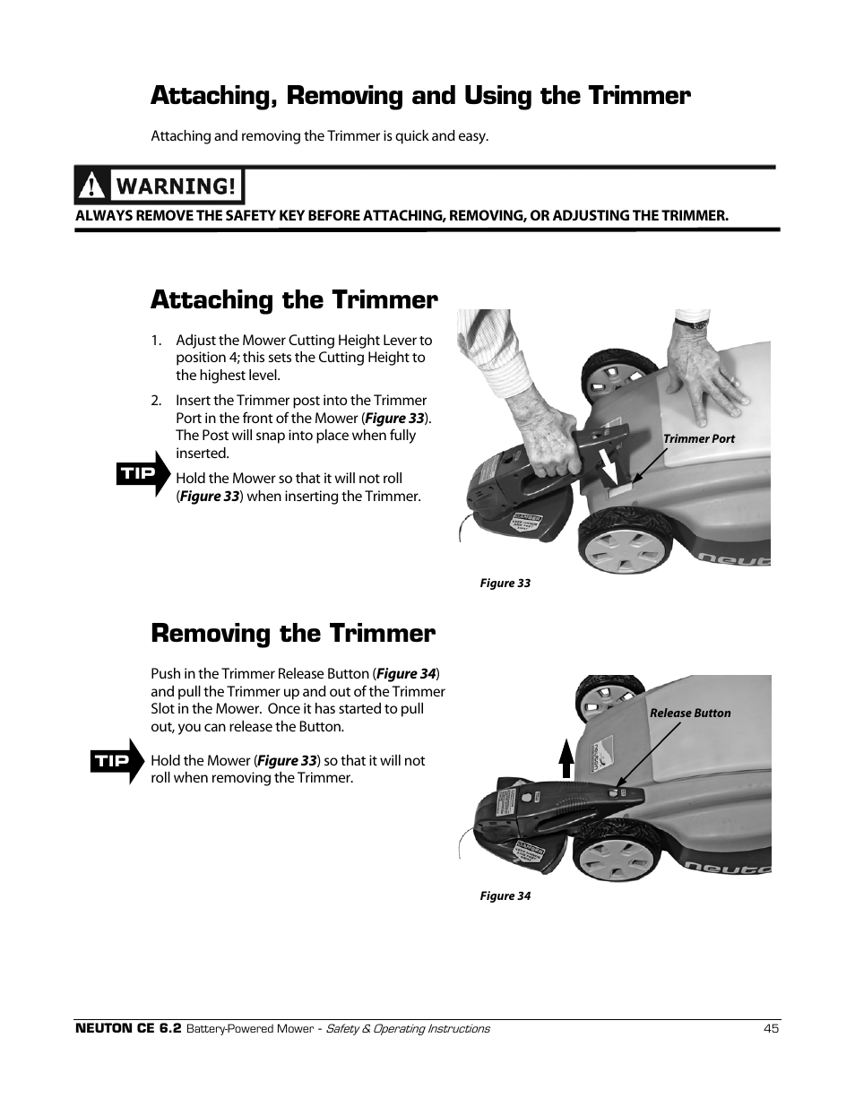 Attaching, removing and using the trimmer, Attaching the trimmer, Removing the trimmer | Neuton CE 6.2 User Manual | Page 49 / 66