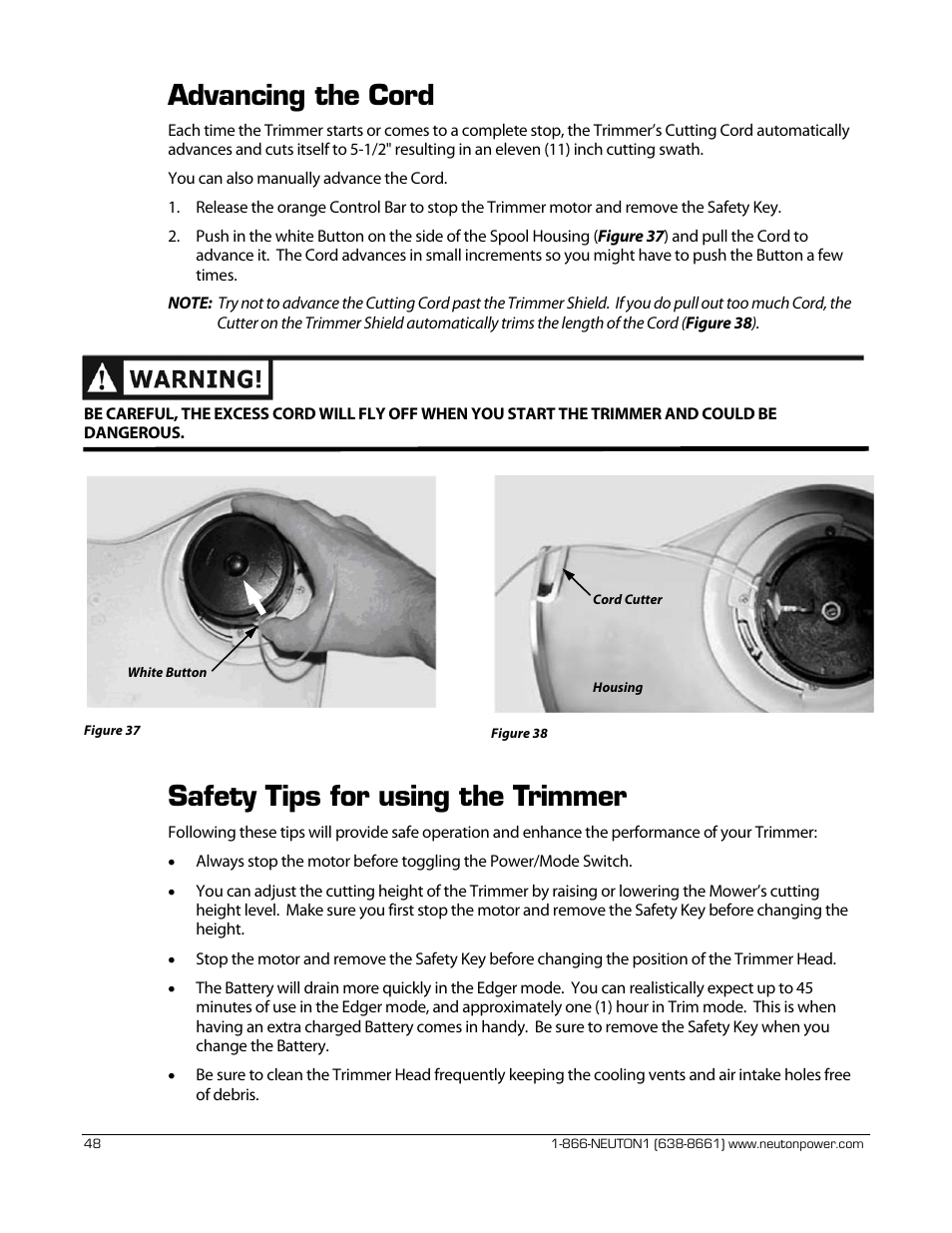 Advancing the cord, Safety tips for using the trimmer | Neuton CE 6.2 User Manual | Page 52 / 66