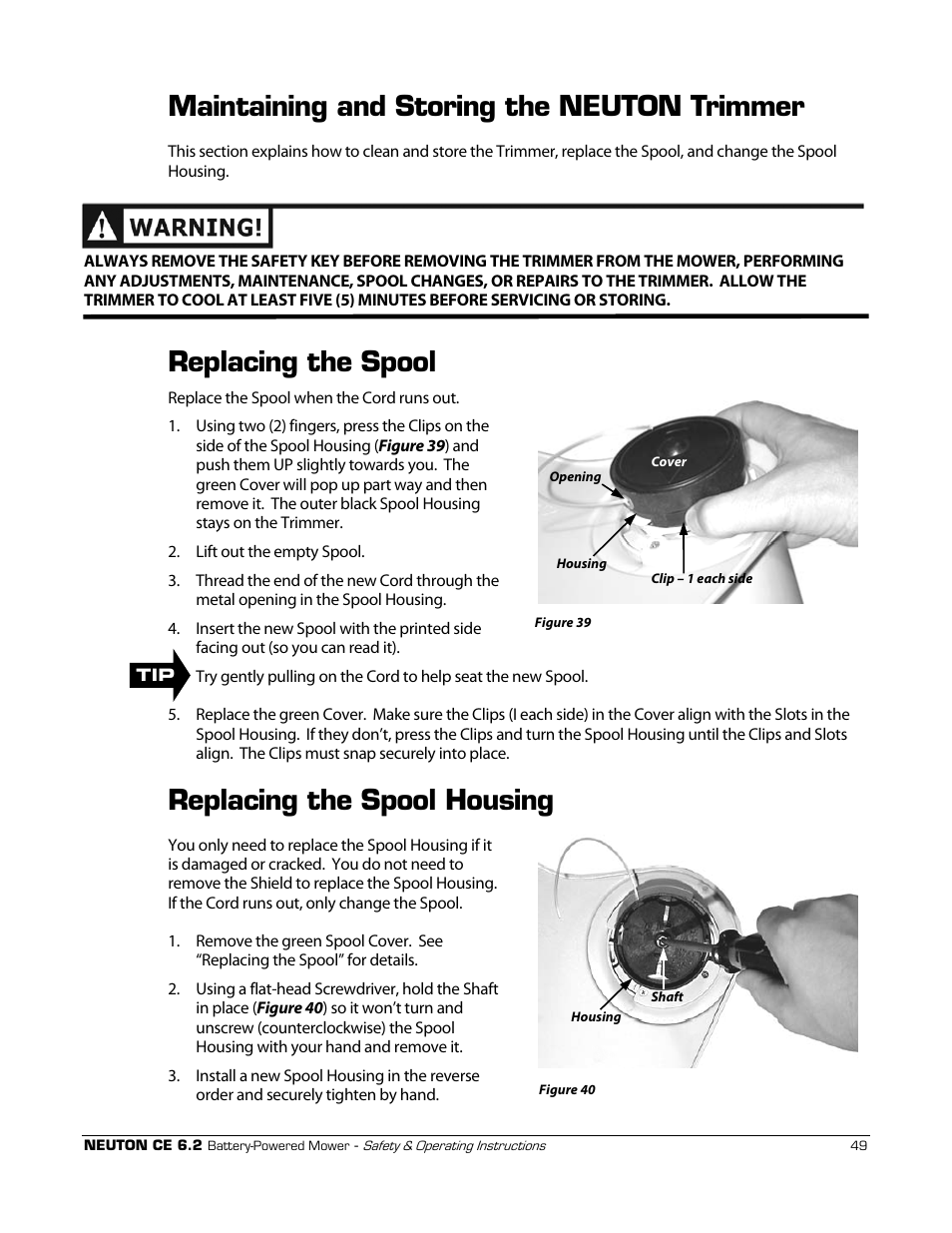 Maintaining and storing the neuton trimmer, Replacing the spool, Replacing the spool housing | Neuton CE 6.2 User Manual | Page 53 / 66