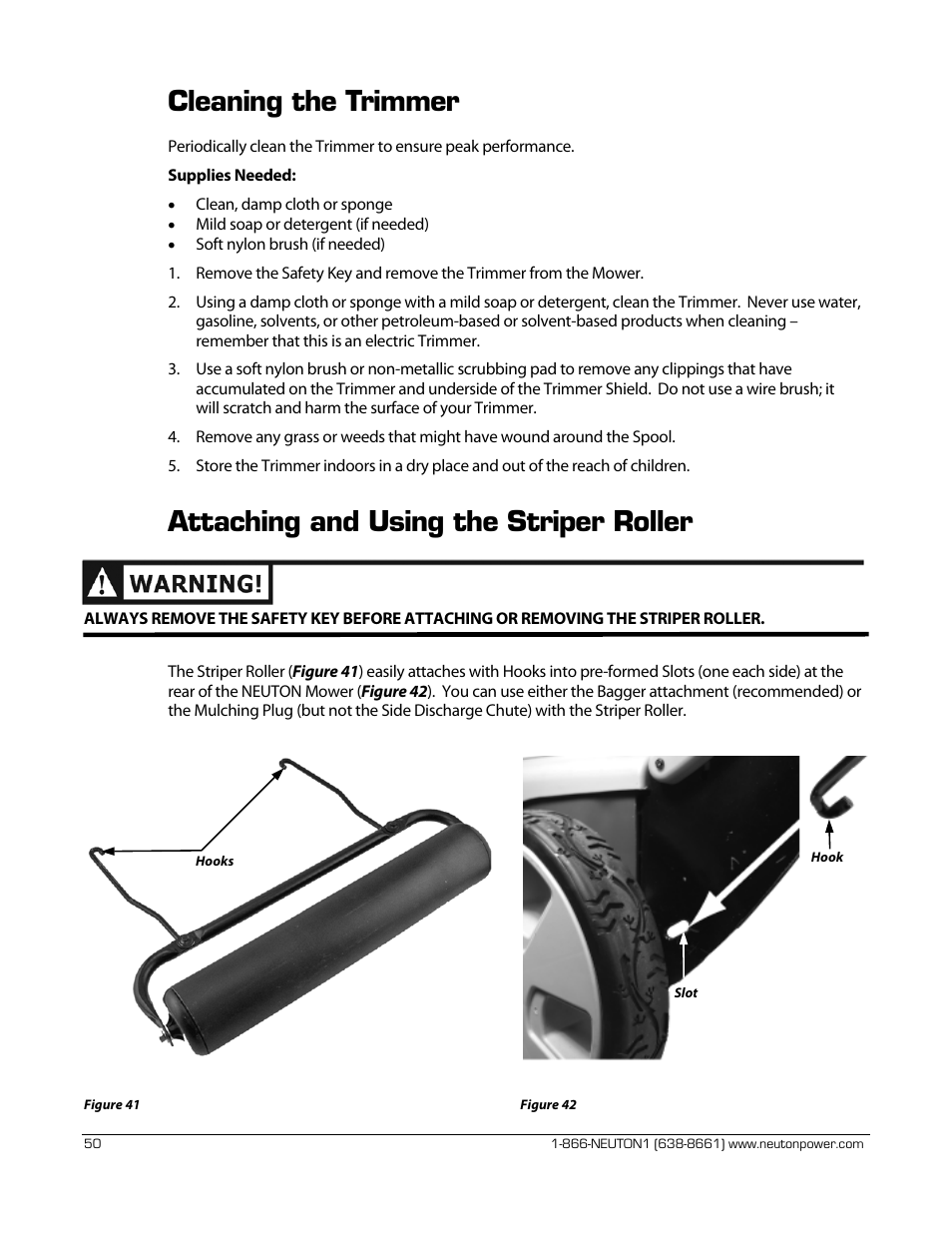 Cleaning the trimmer, Attaching and using the striper roller | Neuton CE 6.2 User Manual | Page 54 / 66