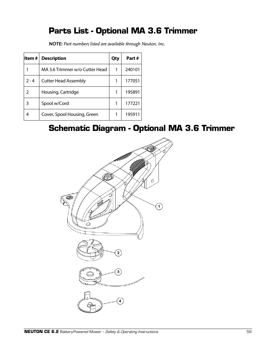 Parts list - optional ma 3.6 trimmer, Schematic diagram - optional ma 3.6 trimmer | Neuton CE 6.2 User Manual | Page 63 / 66