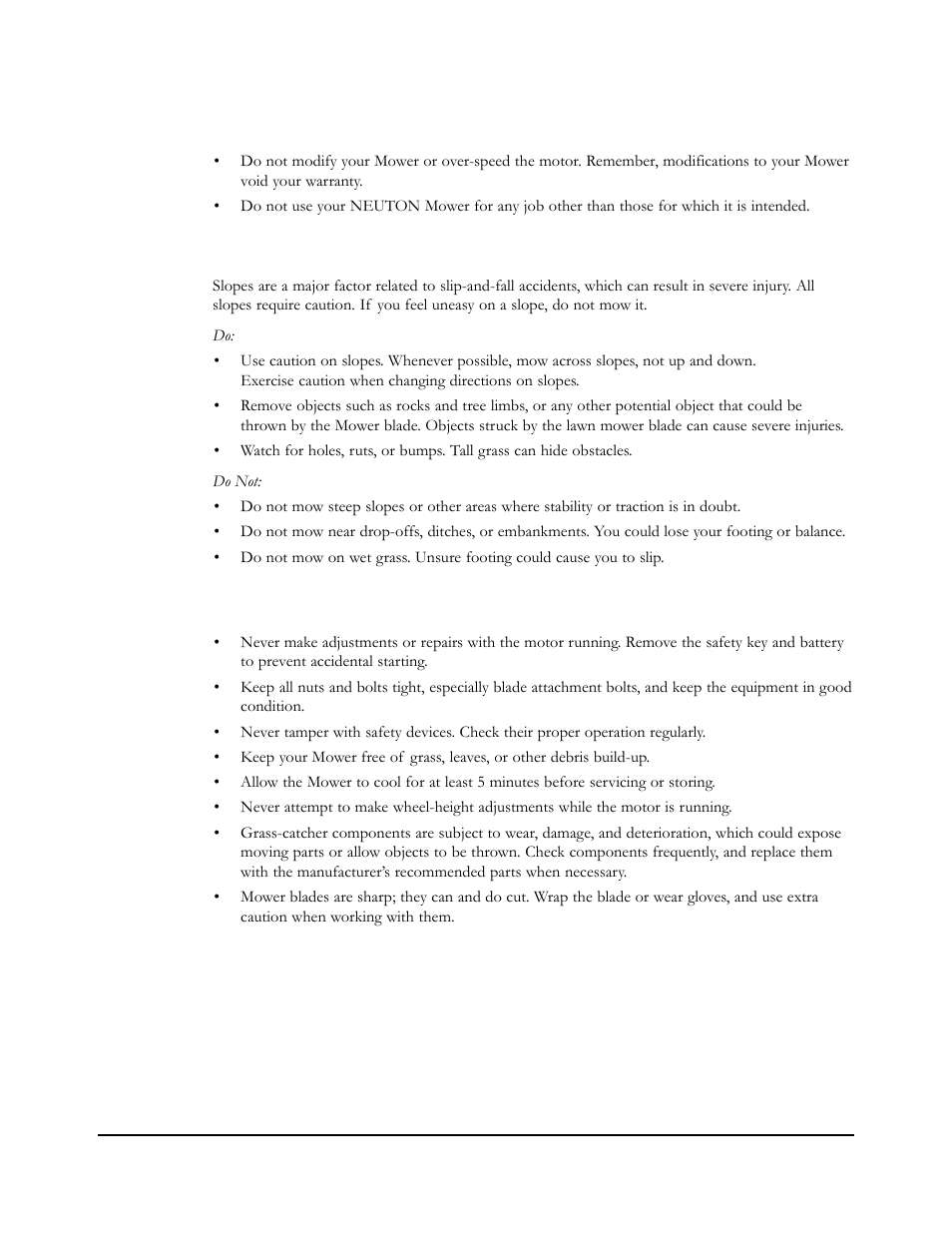Mowing on slopes, Servicing your mower | Neuton EM 5.1 User Manual | Page 12 / 52