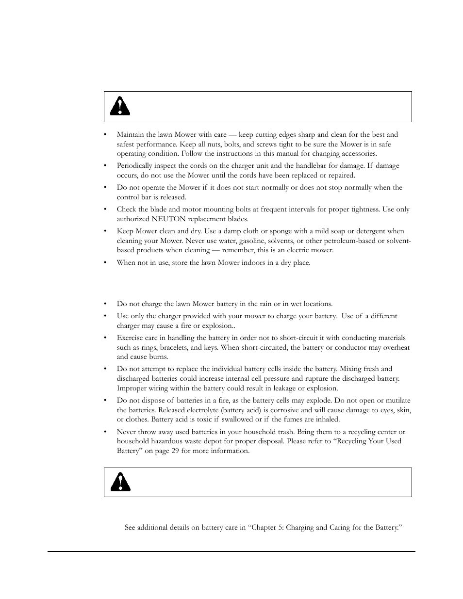 Maintaining and storing your mower, Handling the battery safely | Neuton EM 5.1 User Manual | Page 13 / 52