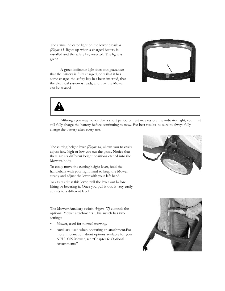 Indicator light, Cutting height lever, Mower/auxiliary switch | Neuton EM 5.1 User Manual | Page 24 / 52