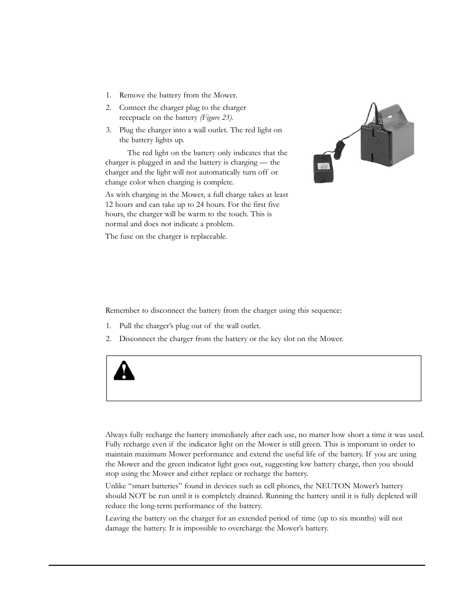Charging with the battery removed from the mower, Disconnecting the charger, Recharging after each use of the mower | Neuton EM 5.1 User Manual | Page 31 / 52