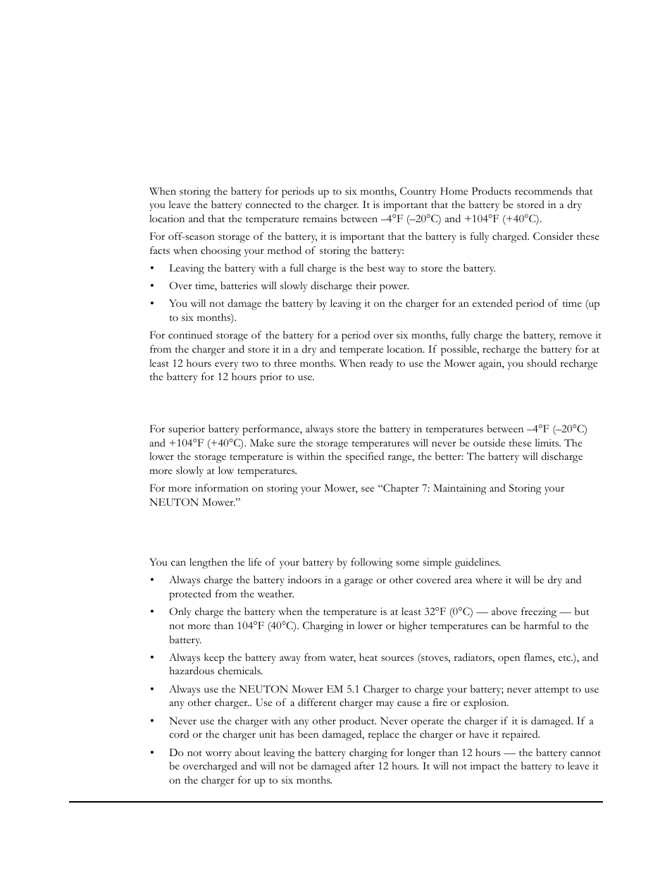 Recharging to a full charge for off-season storage, Caring for the battery | Neuton EM 5.1 User Manual | Page 32 / 52