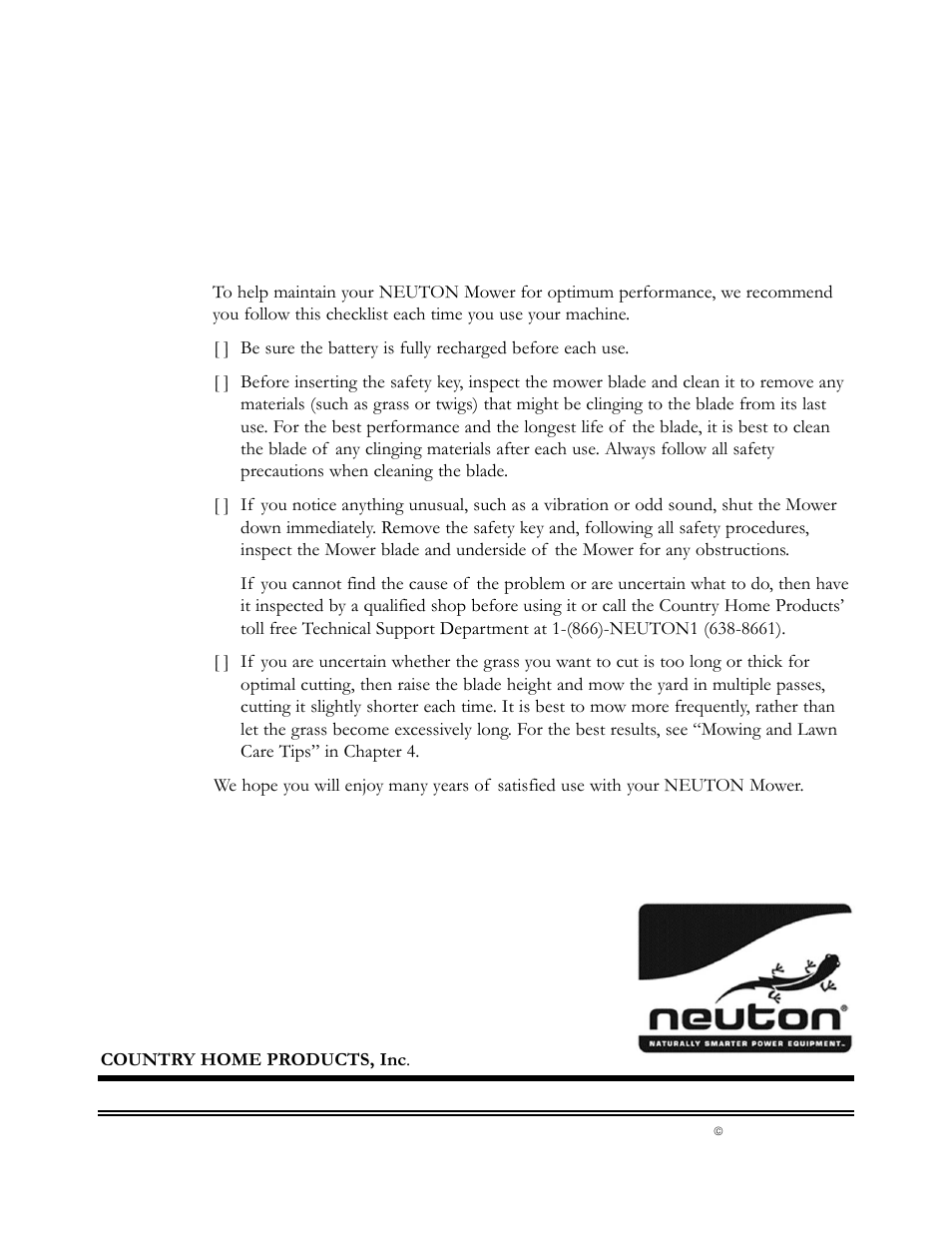 Daily checklist for your neuton mower | Neuton EM 5.1 User Manual | Page 52 / 52