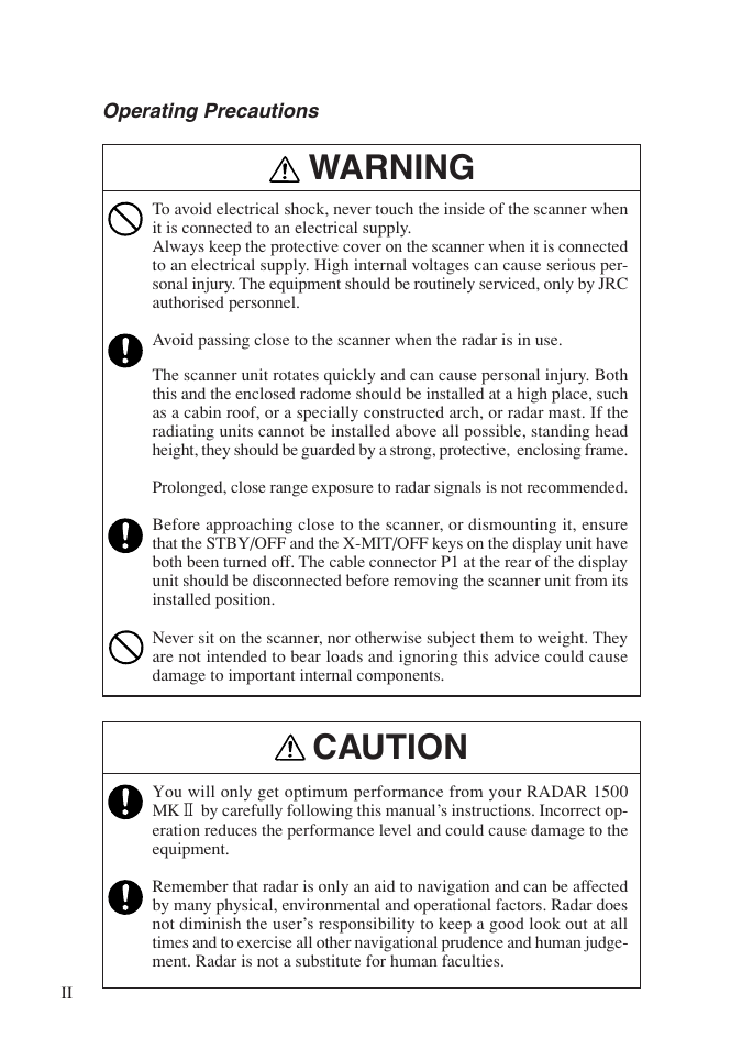 Operating precautions, Warning caution | Network Computing Devices JRC 1500 MKII User Manual | Page 3 / 50