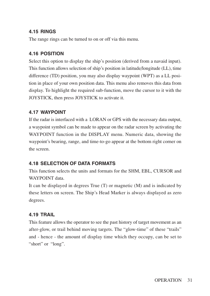 15 rings, 16 position, 17 waypoint | 18 selection of data formats, 19 trail | Network Computing Devices JRC 1500 MKII User Manual | Page 38 / 50
