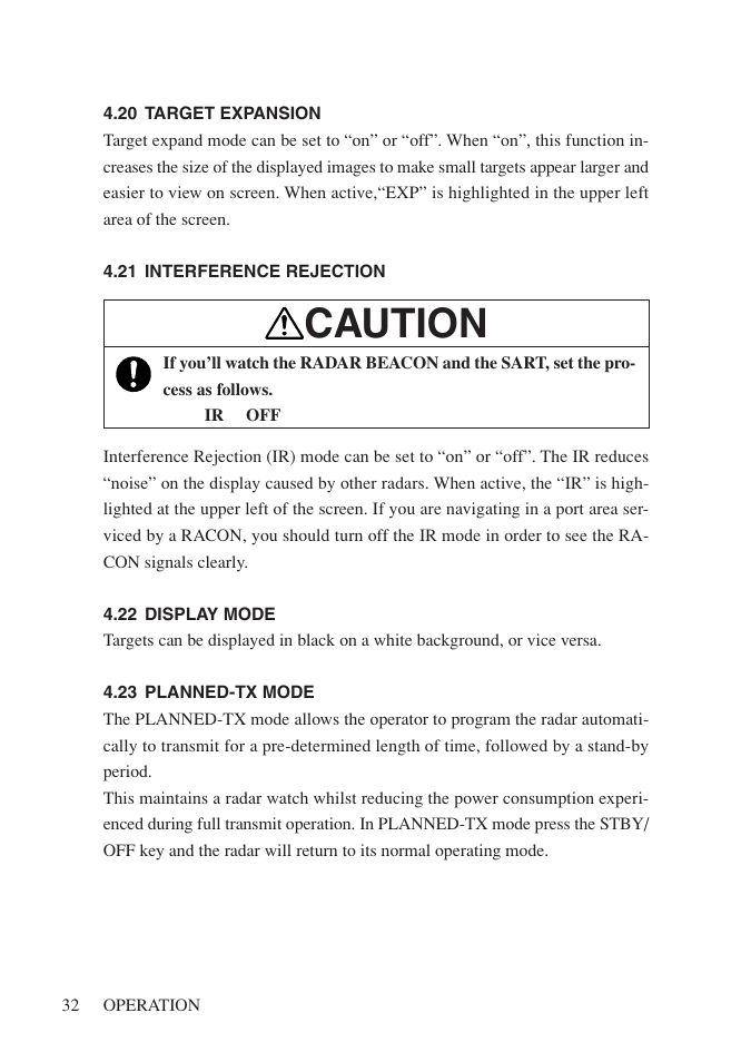 20 target expansion, 21 interference rejection, 22 display mode | 23 planned-tx mode, Caution | Network Computing Devices JRC 1500 MKII User Manual | Page 39 / 50