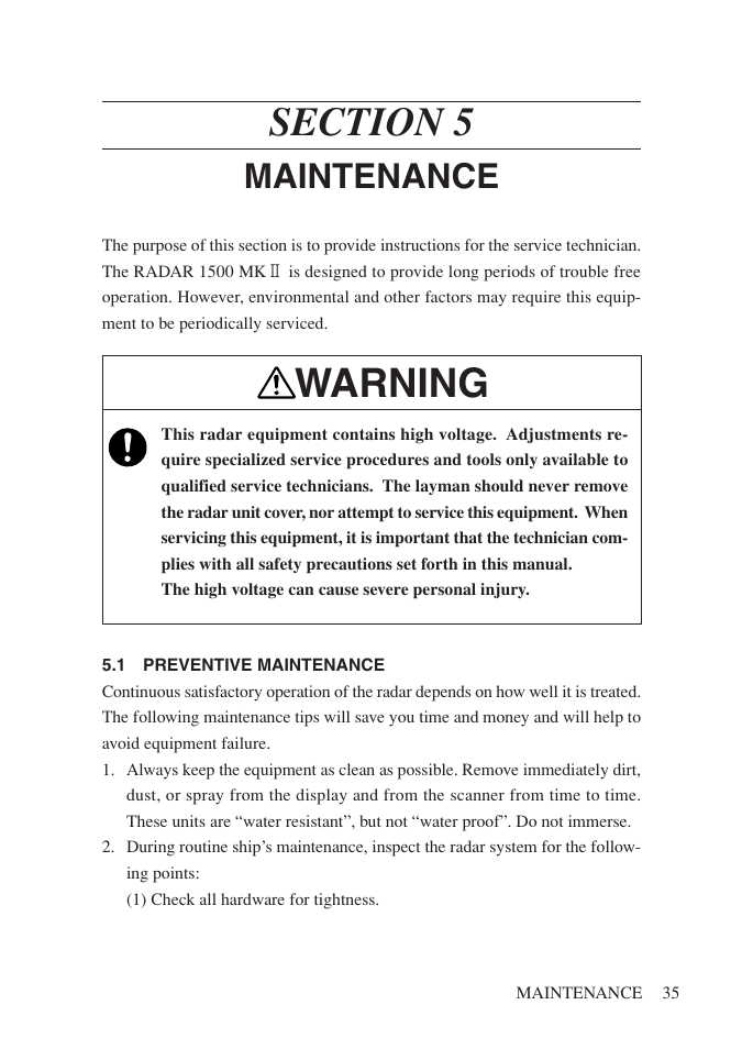 Section 5 maintenance, 1 preventive maintenance, Warning | Maintenance | Network Computing Devices JRC 1500 MKII User Manual | Page 42 / 50