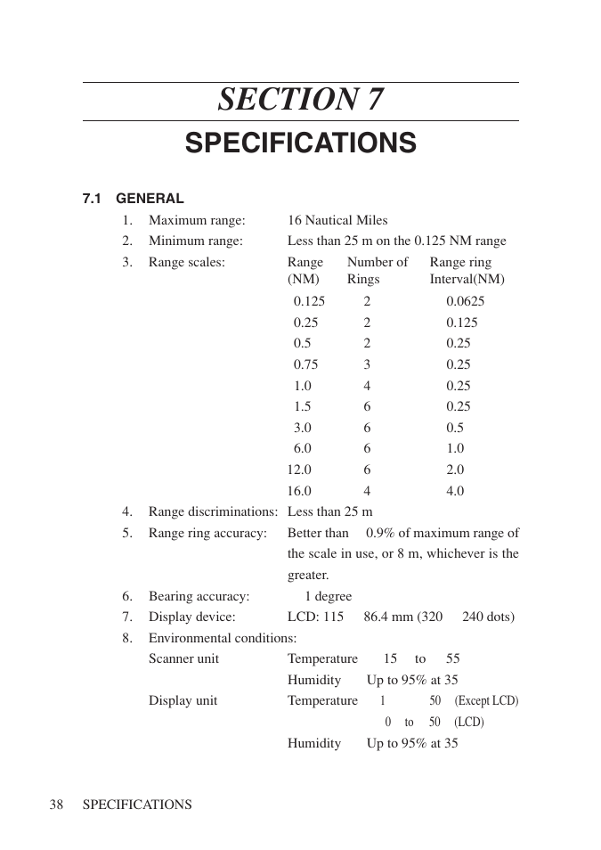 Section 7 specifications, 1 general, Specifications | Network Computing Devices JRC 1500 MKII User Manual | Page 45 / 50