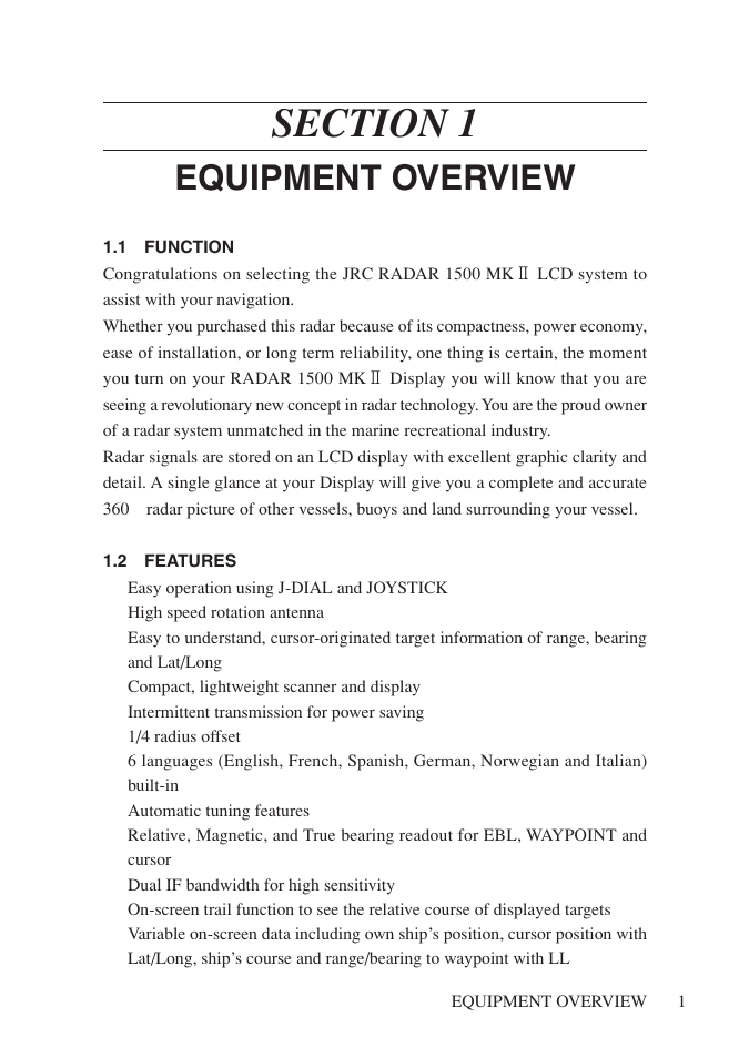 Section 1 equipment overview, 1 function, 2 features | Equipment overview | Network Computing Devices JRC 1500 MKII User Manual | Page 8 / 50