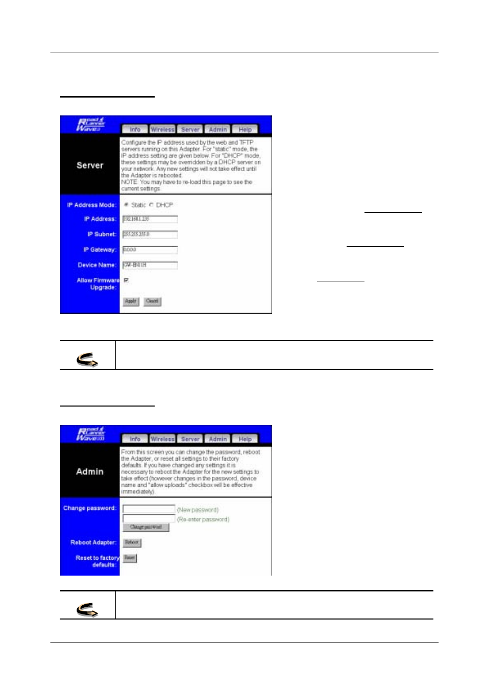 The server tab, The admin tab | Network Computing Devices Wireless Ethernet Adapter GW-EN11H User Manual | Page 21 / 26