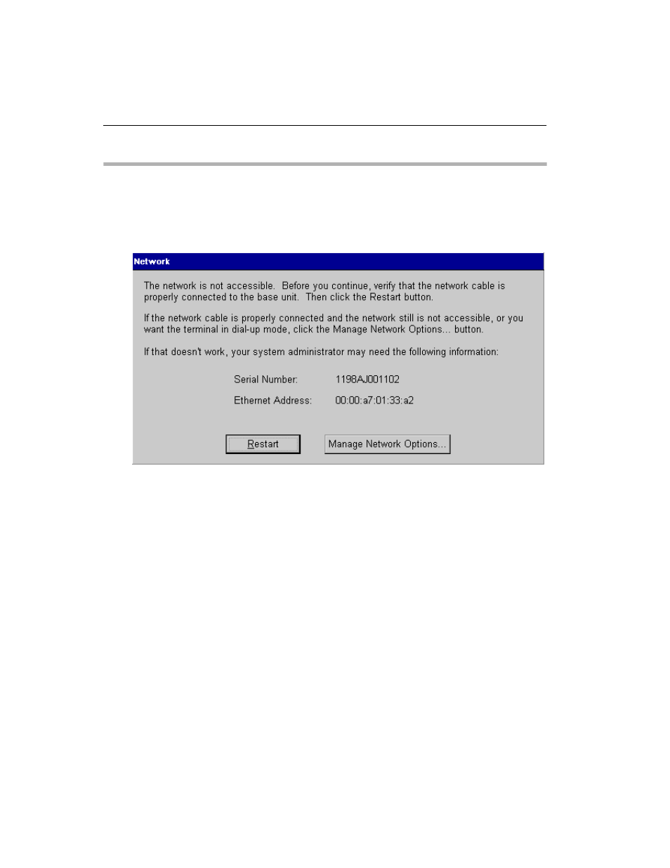 The network panel displays, Figure 3-1 no network error panel, Fixing a cable problem | Network Computing Devices 300 User Manual | Page 28 / 45