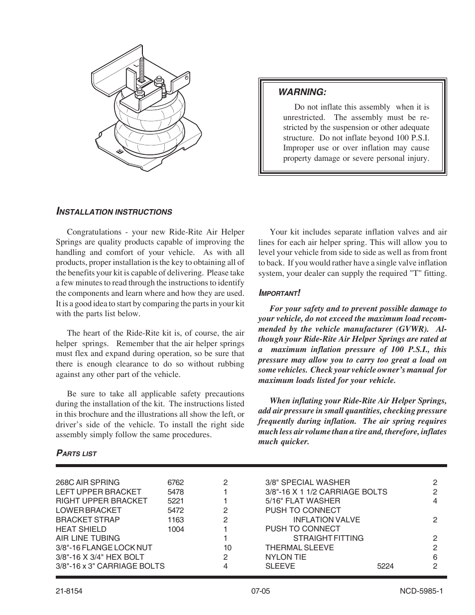 Network Computing Devices Ride-Rite Air Helper Springs 2231 User Manual | 4 pages