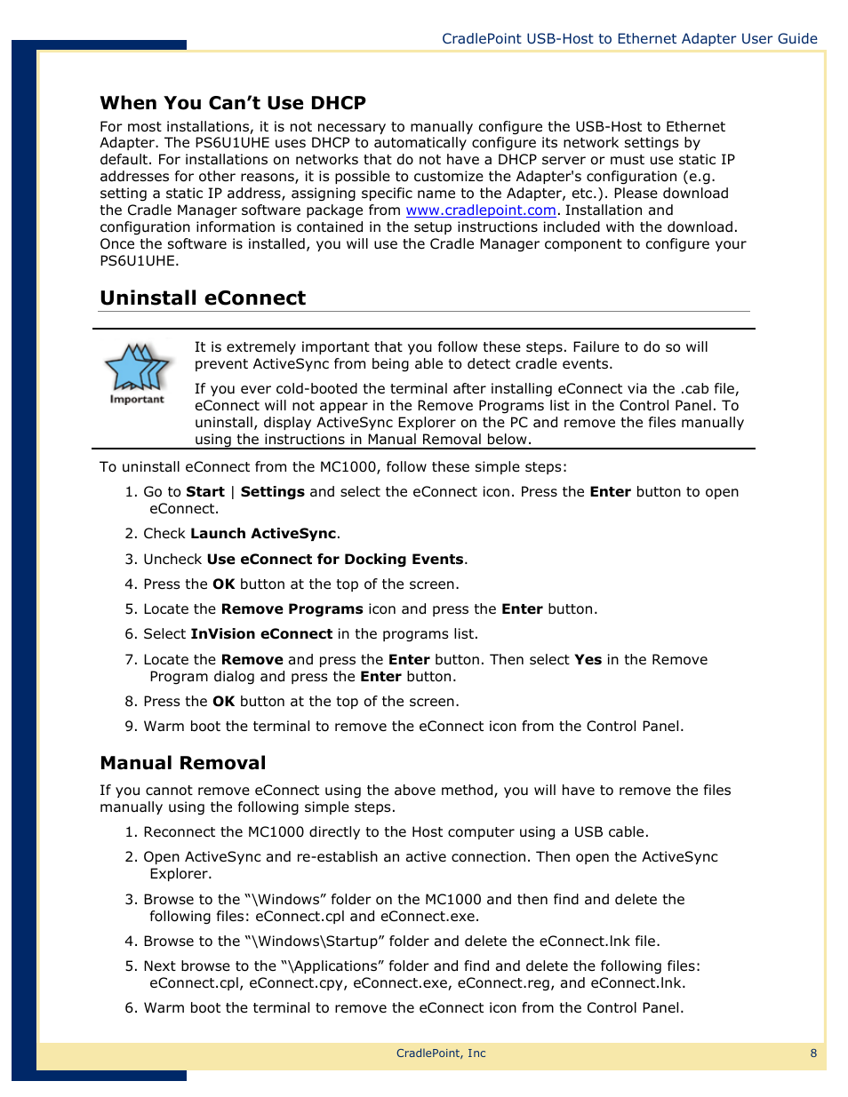 Web-11, Uninstall econnect, When you can’t use dhcp | Manual removal | Network Computing Devices USB-Host to Ethernet Adapter PS6U1UHE User Manual | Page 11 / 16