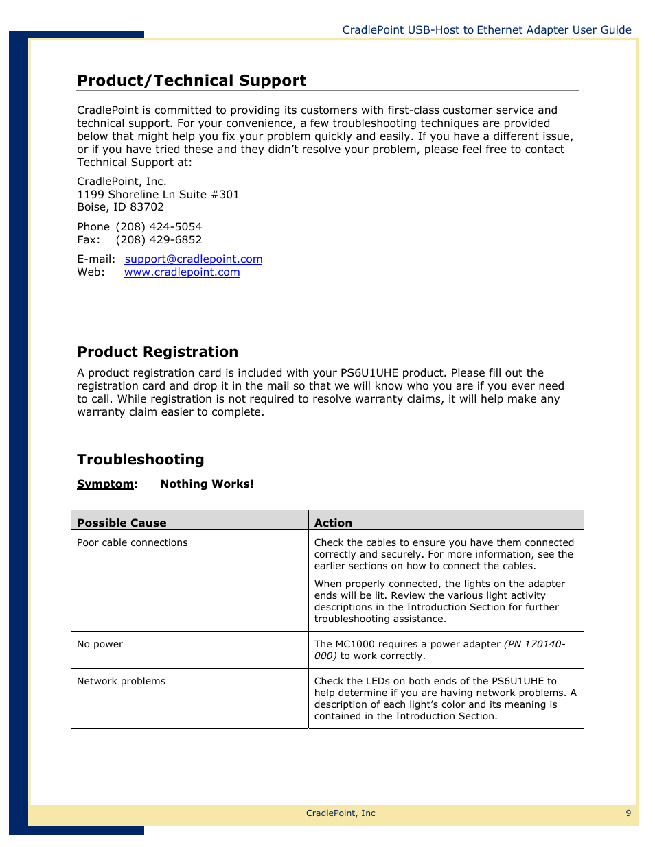 Web-12, Product/technical support, Product registration | Troubleshooting | Network Computing Devices USB-Host to Ethernet Adapter PS6U1UHE User Manual | Page 12 / 16