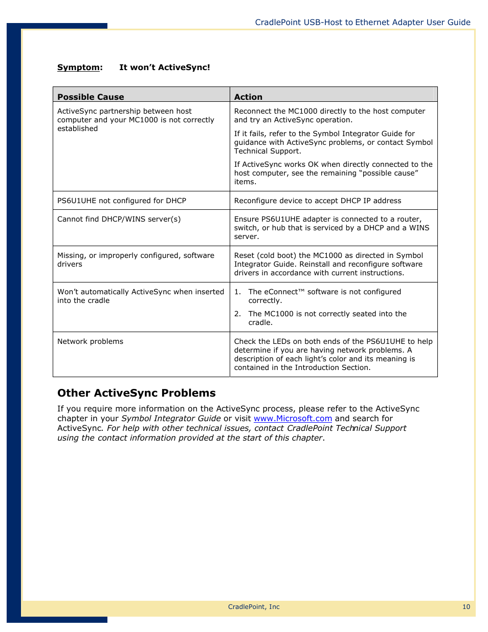 Web-13, Other activesync problems | Network Computing Devices USB-Host to Ethernet Adapter PS6U1UHE User Manual | Page 13 / 16