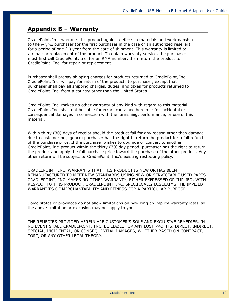 Web-15, Appendix b – warranty | Network Computing Devices USB-Host to Ethernet Adapter PS6U1UHE User Manual | Page 15 / 16
