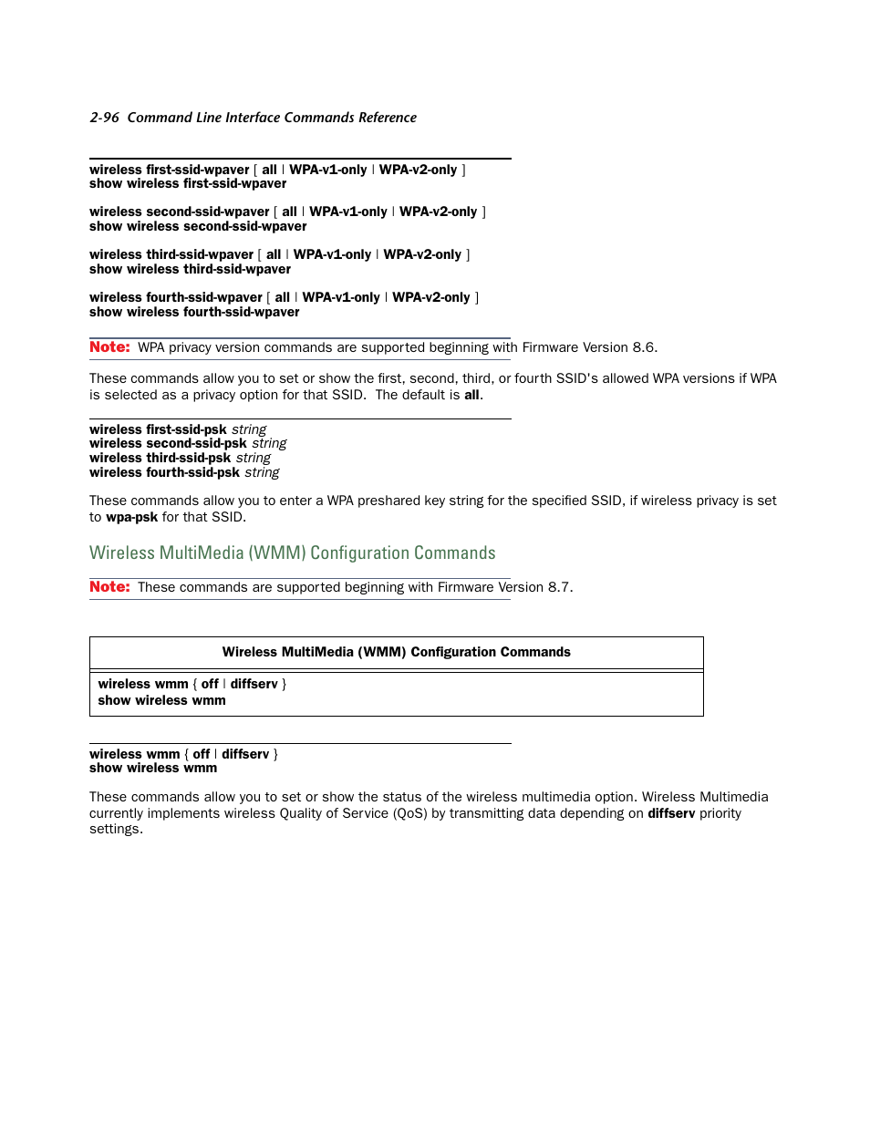 Wireless multimedia (wmm) configuration commands | Netopia CLI 874 User Manual | Page 108 / 207