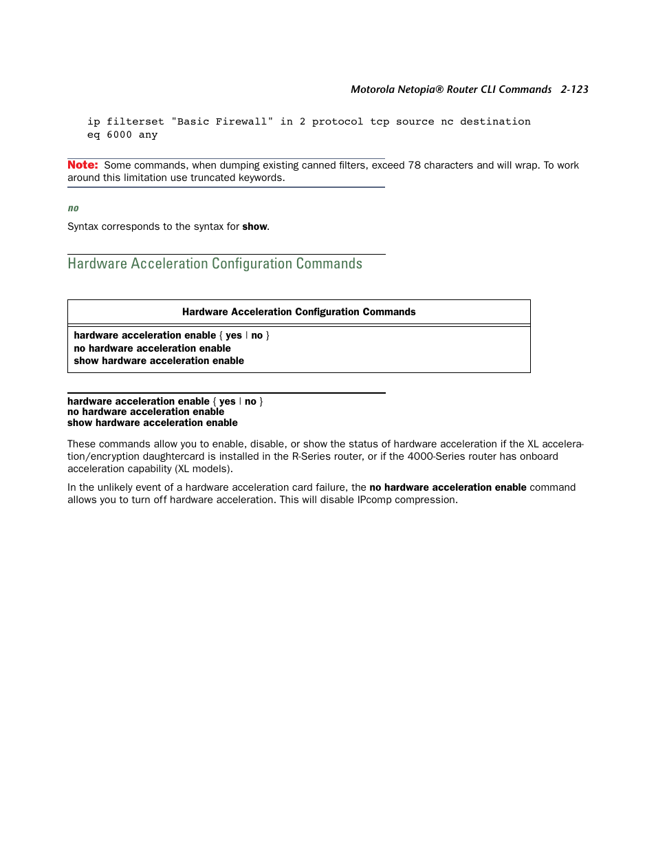 Hardware acceleration configuration commands, Hardware acceleration configuration commands -123 | Netopia CLI 874 User Manual | Page 135 / 207