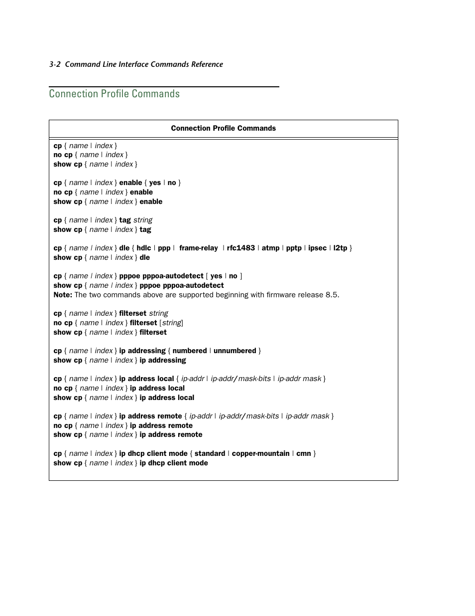 Connection profile commands, Connection profile commands -2 | Netopia CLI 874 User Manual | Page 146 / 207