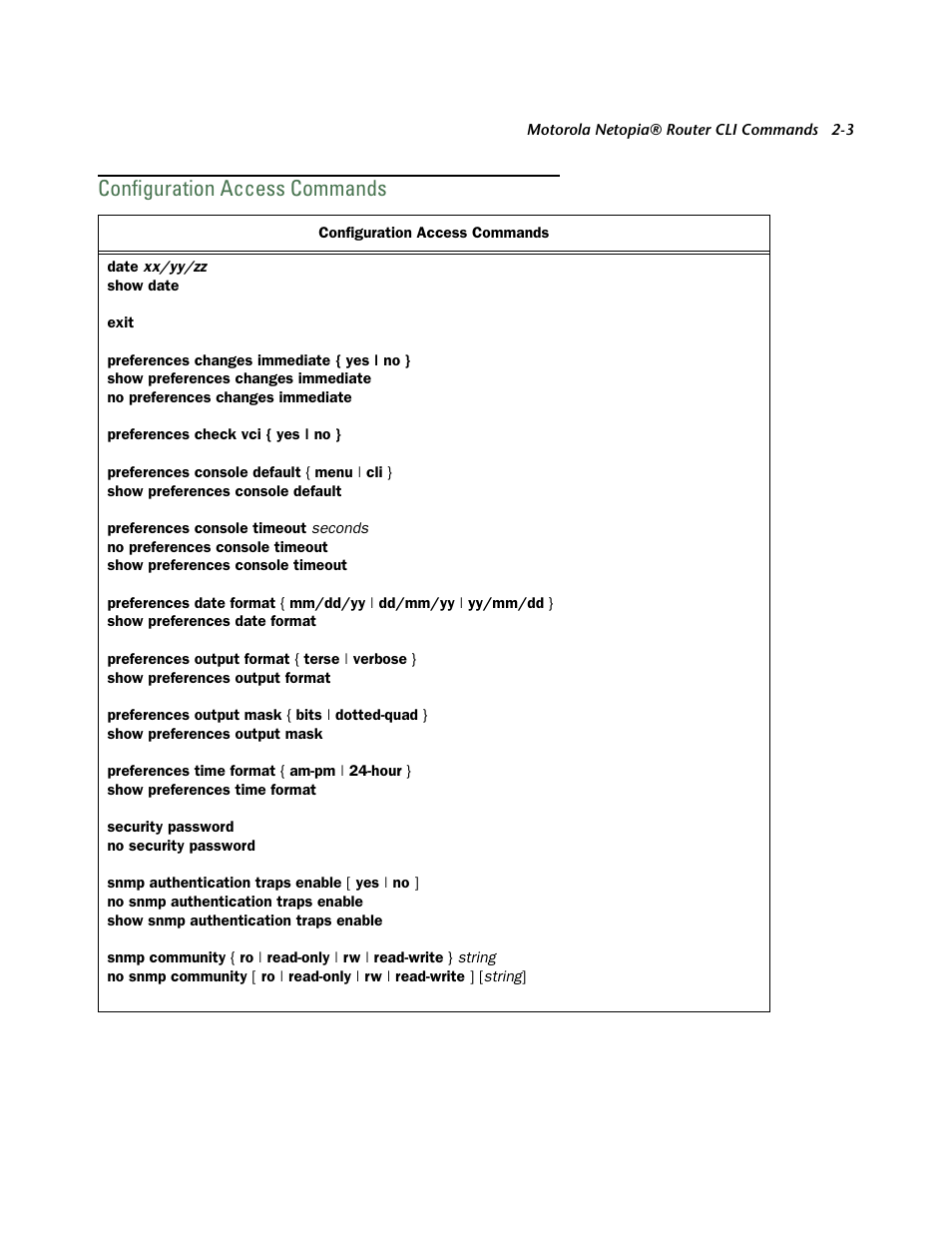 Configuration access commands, Configuration access commands -3 | Netopia CLI 874 User Manual | Page 15 / 207