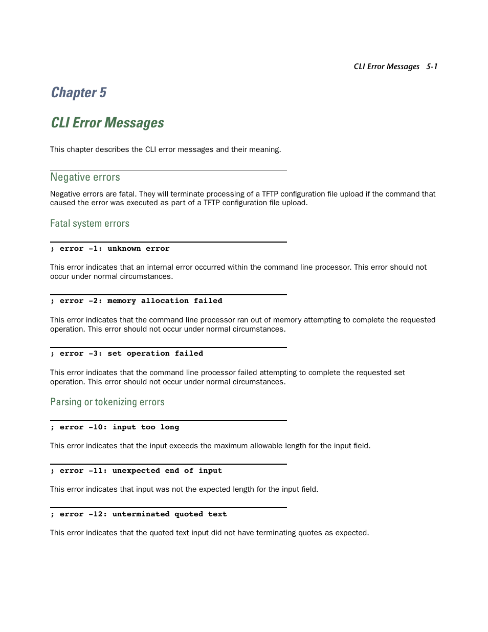 Chapter 5, Cli error messages, Negative errors | Fatal system errors, Parsing or tokenizing errors, Chapter 5 — cli error messages -1, Negative errors -1, Fatal system errors -1, Parsing or tokenizing errors -1, Chapter 5 cli error messages | Netopia CLI 874 User Manual | Page 183 / 207