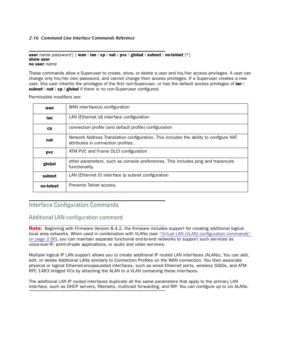 Interface configuration commands, Additional lan configuration command, Inter face configuration commands -16 | Additional lan configuration command -16 | Netopia CLI 874 User Manual | Page 28 / 207